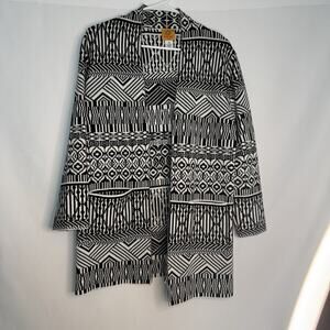 Ruby Rd Petite PM Open Front Cardigan Sweater Black White Geometric Knit Jacket